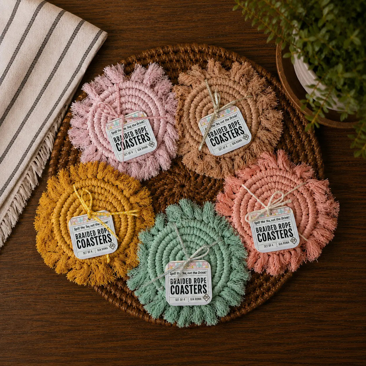 Pastel Braided Tassel Coasters Gia Roma
