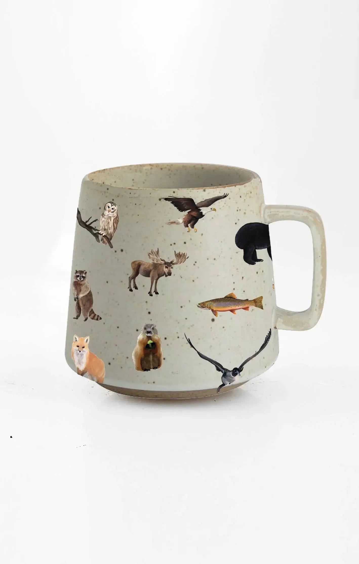 Speckled ceramic mug with woodland animals like fox, owl, moose, and bear for cozy farmhouse decor
