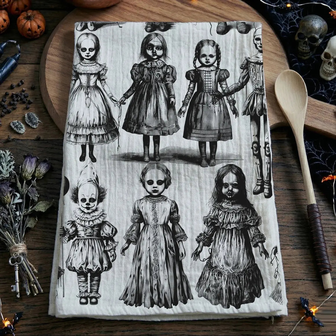 A square kitchen towel with a black and white illustration of creepy vintage dolls, styled on a rustic wooden table with Halloween props like a wooden spoon, dried flowers, and a skull.