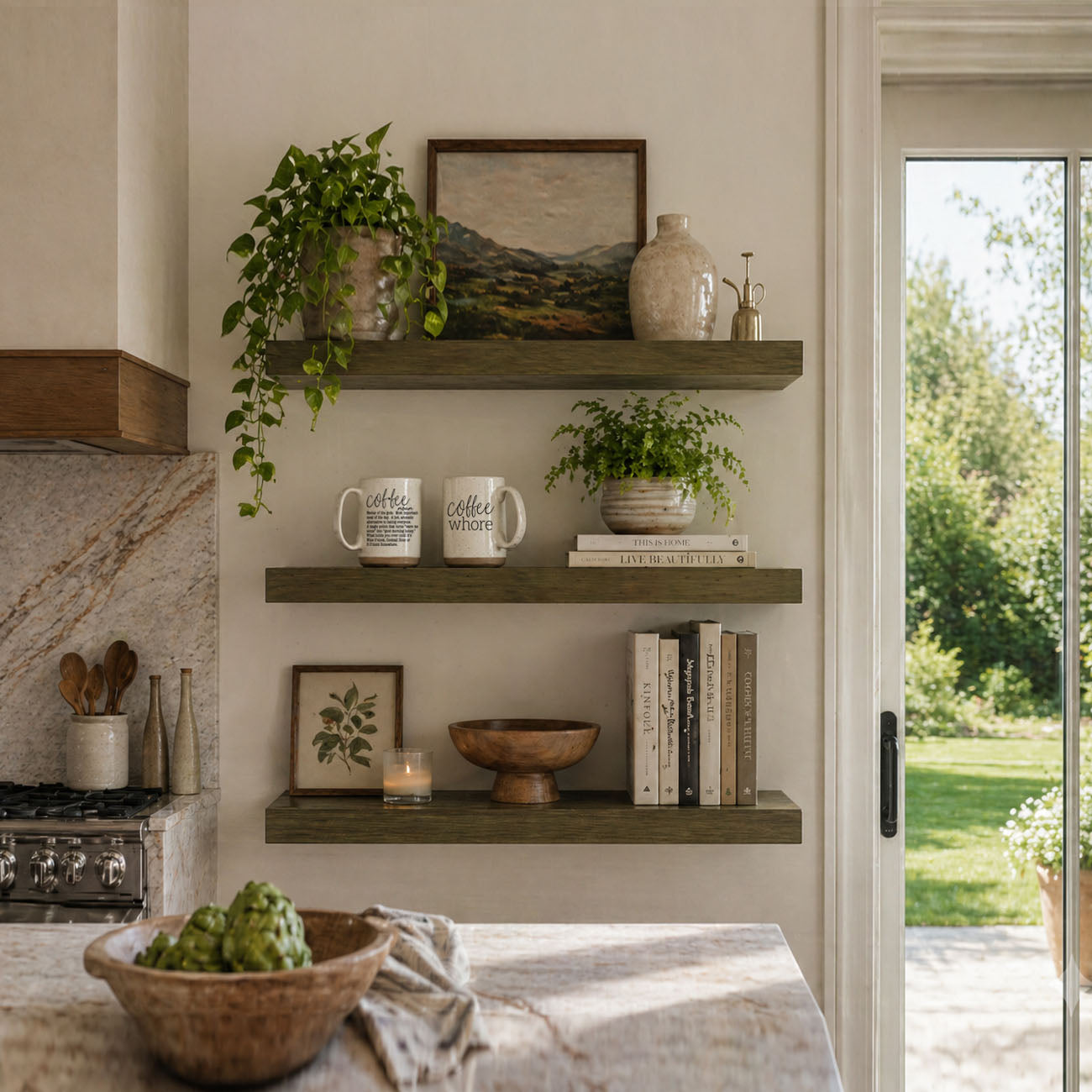 Decorative shelves with plants, books, and mugs in a kitchen setting.