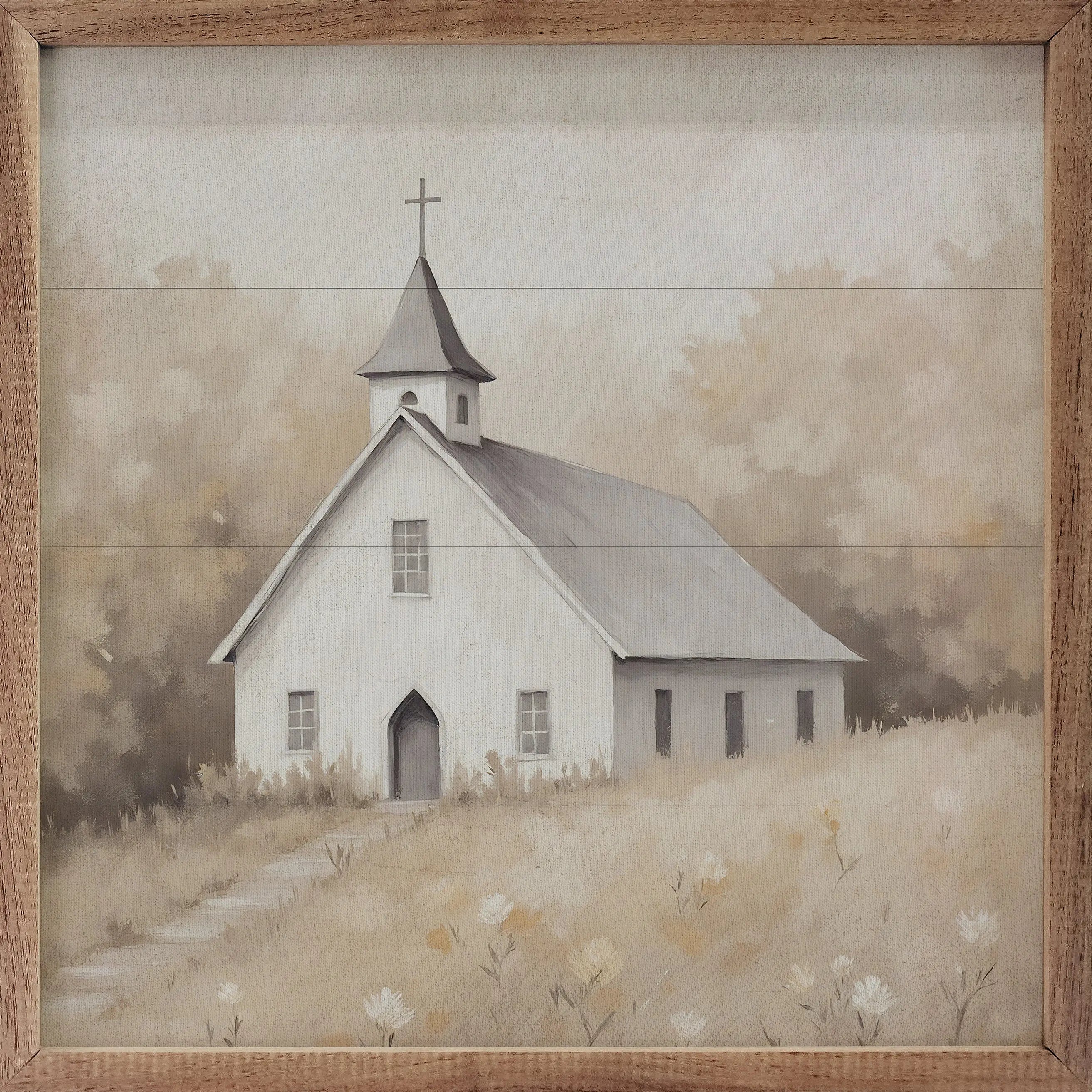 Painting of a white church with a steeple in a field, framed in wood.