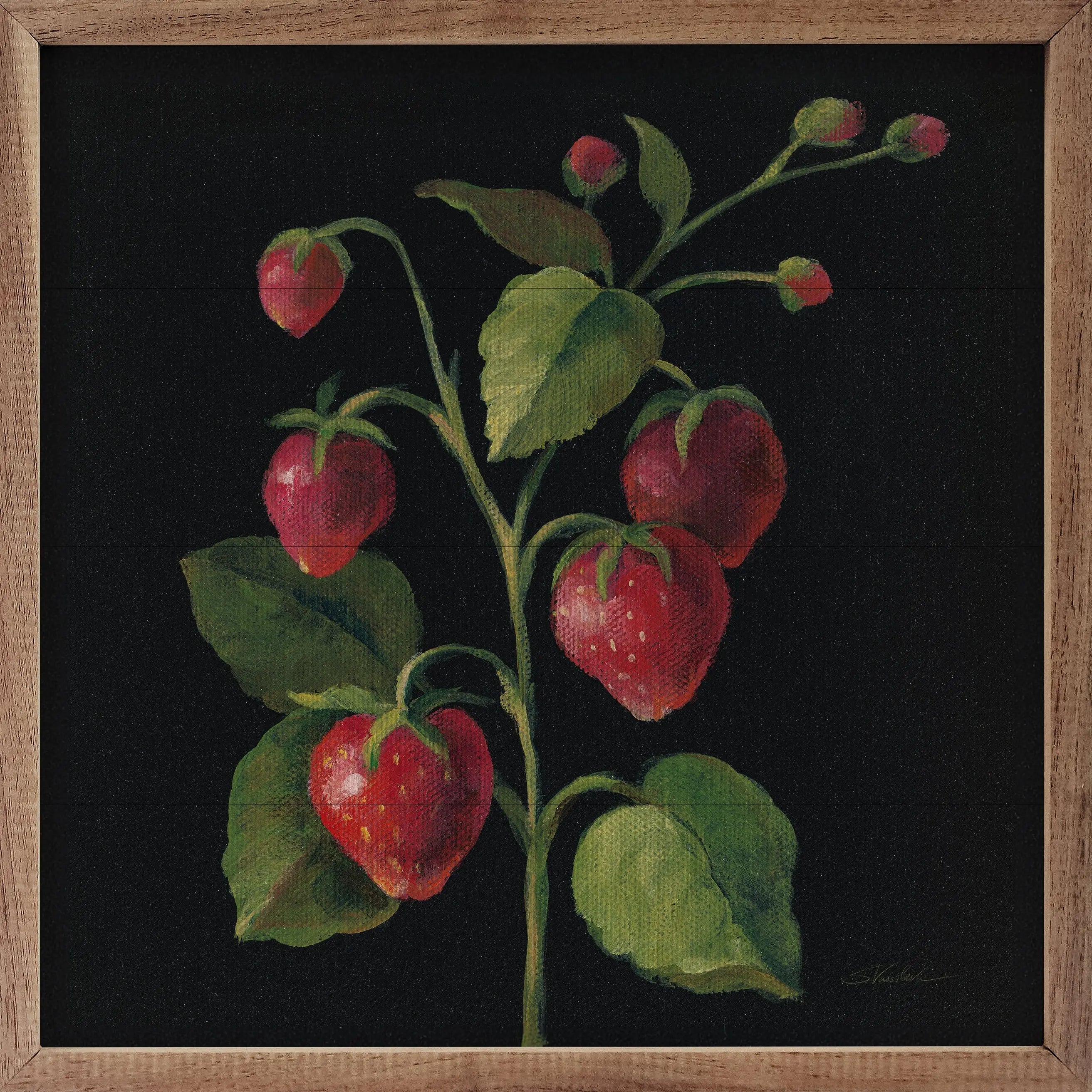 Framed artwork of a strawberry plant with red strawberries on a black background