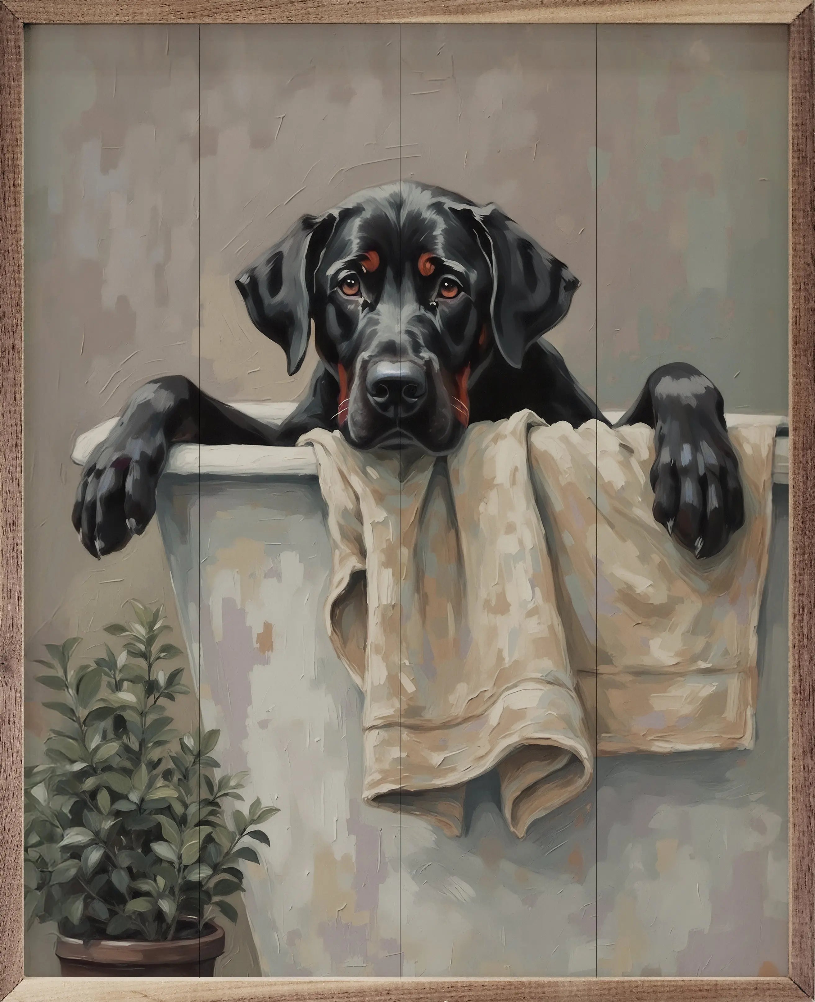 Painting of a black dog with red eyes peeking over a counter with a towel, with a plant in the corner.