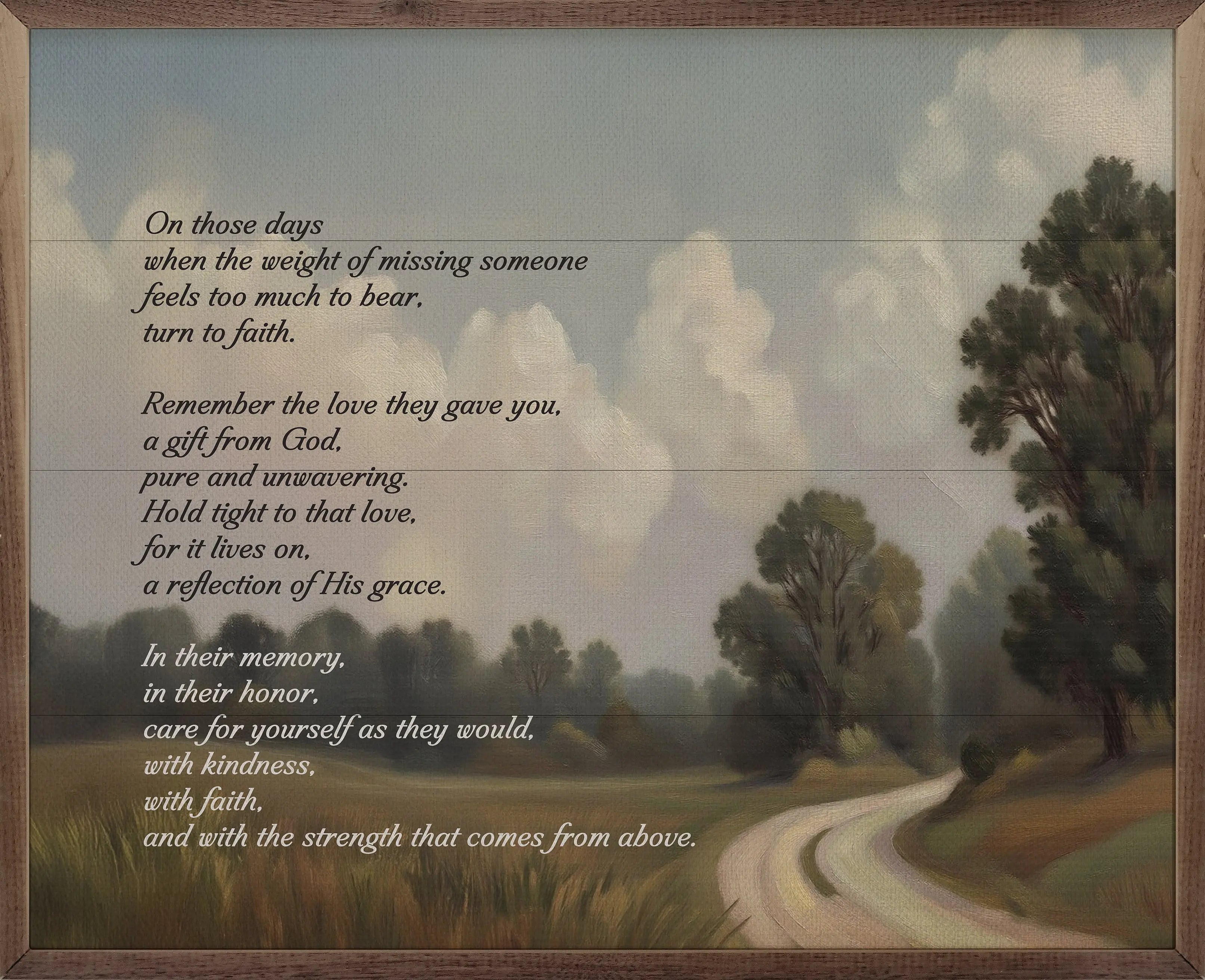 Poem on a scenic landscape with trees and a road.