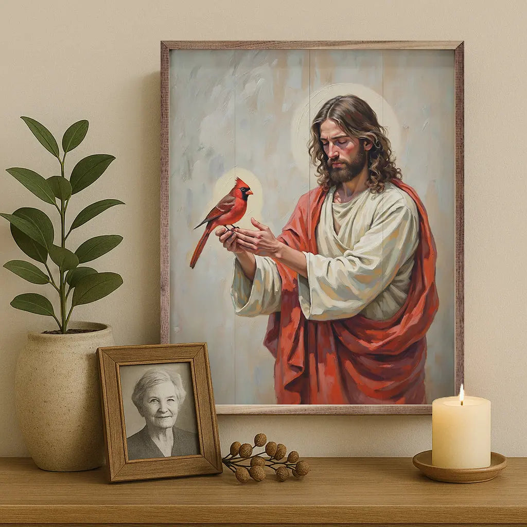Framed picture of a religious figure holding a cardinal bird on a shelf with a potted plant and candle.