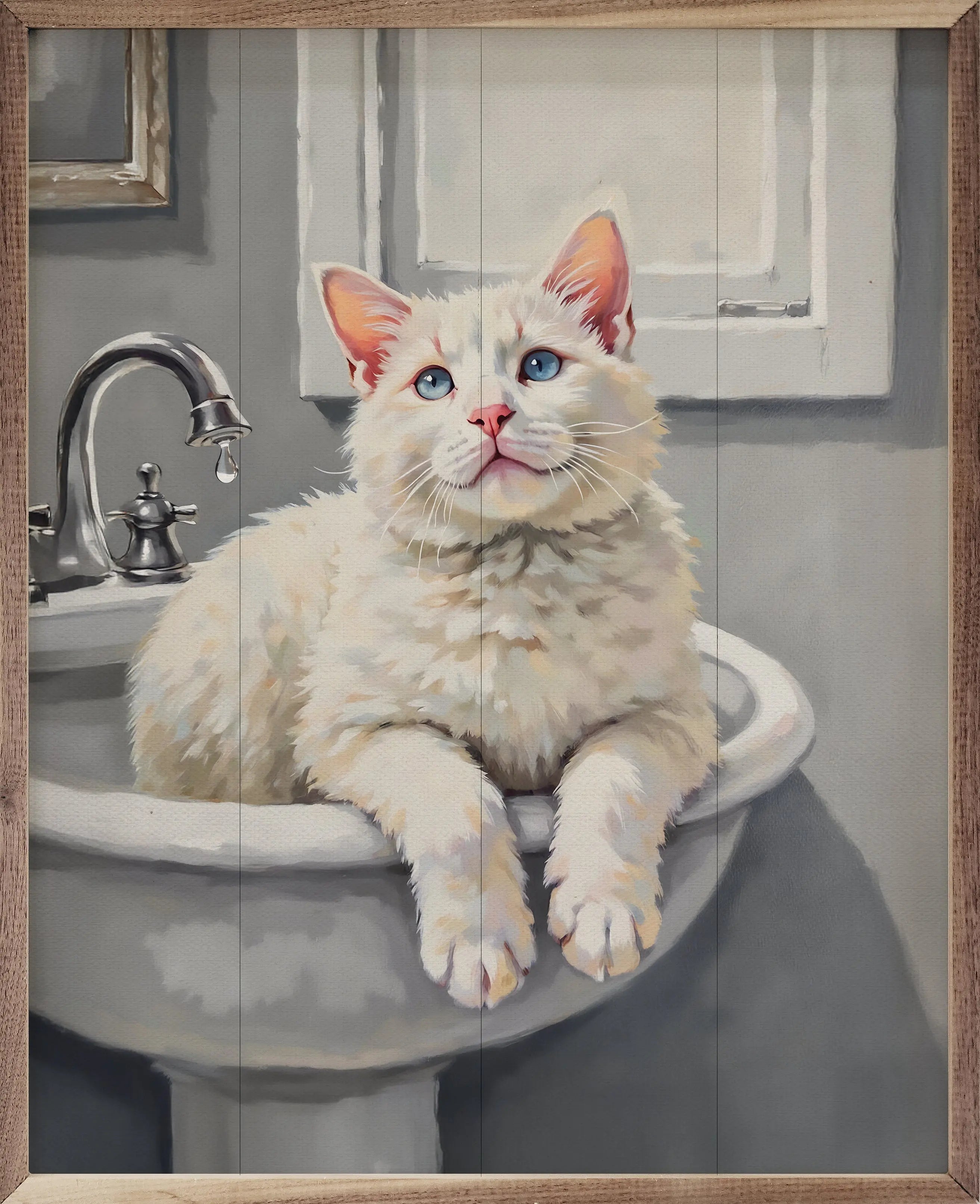 Cat with blue eyes sitting in a sink, framed as artwork.