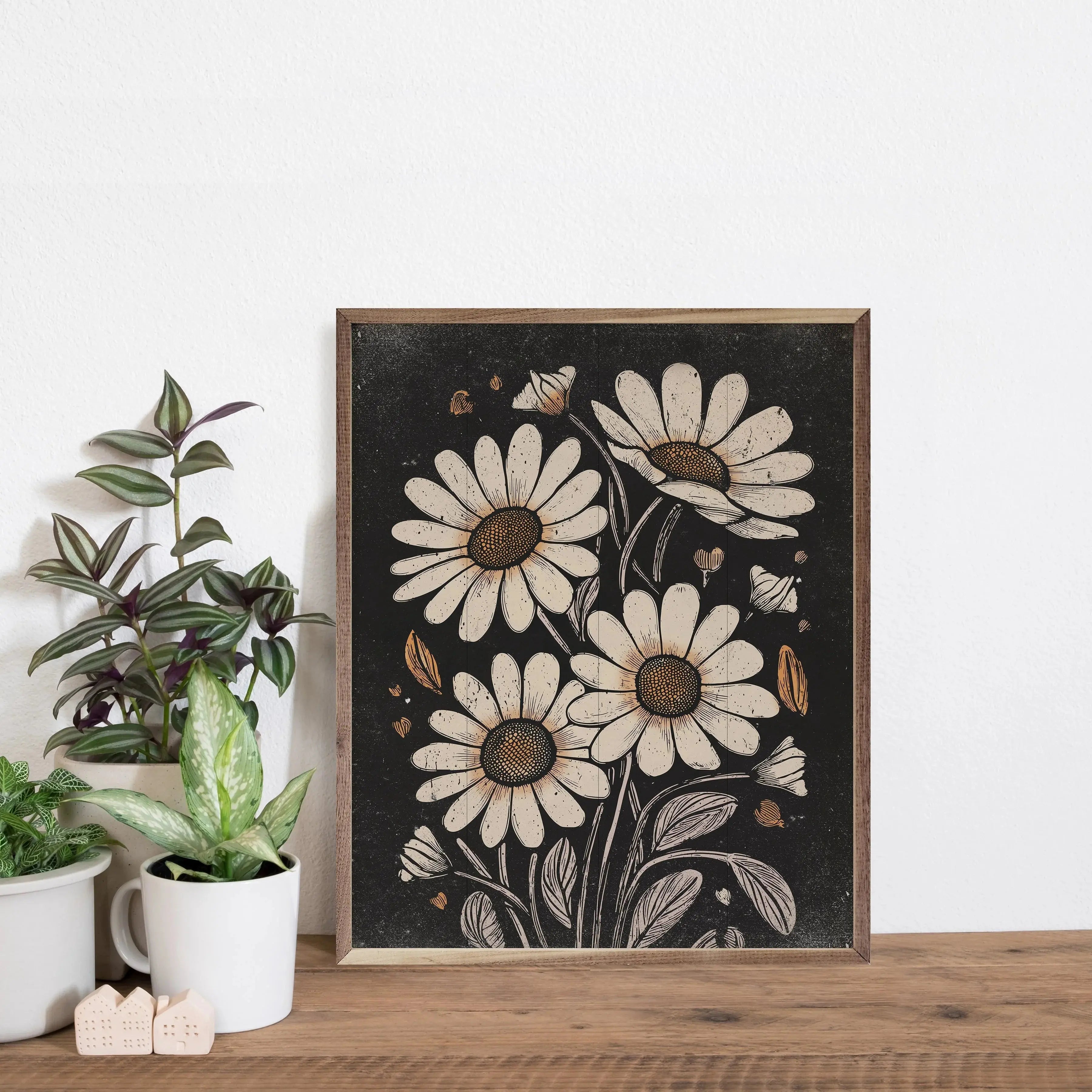 Framed daisy wall art with rustic farmhouse style, perfect for cozy cottage decor and living spaces.