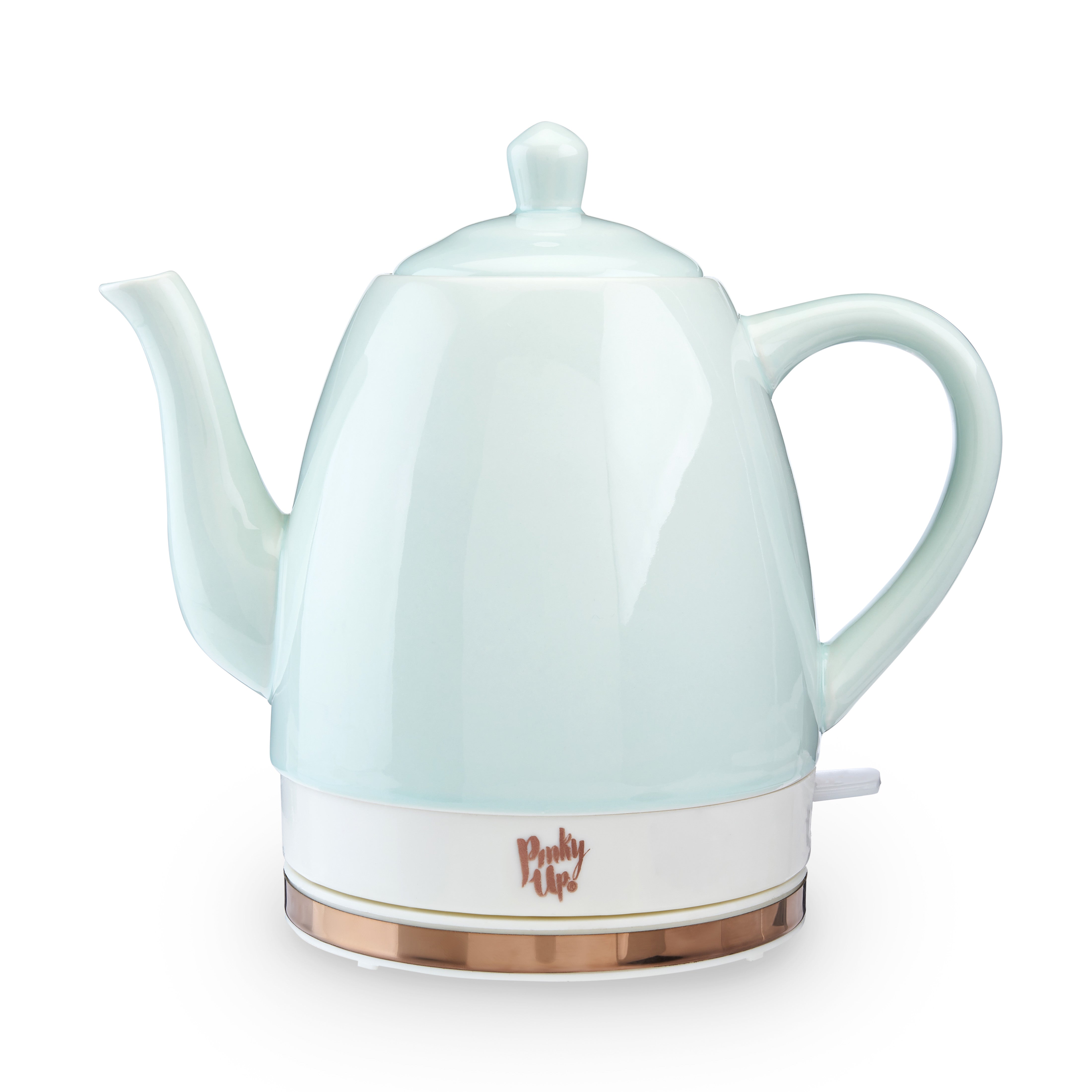 Light blue electric kettle with a copper base on a white background