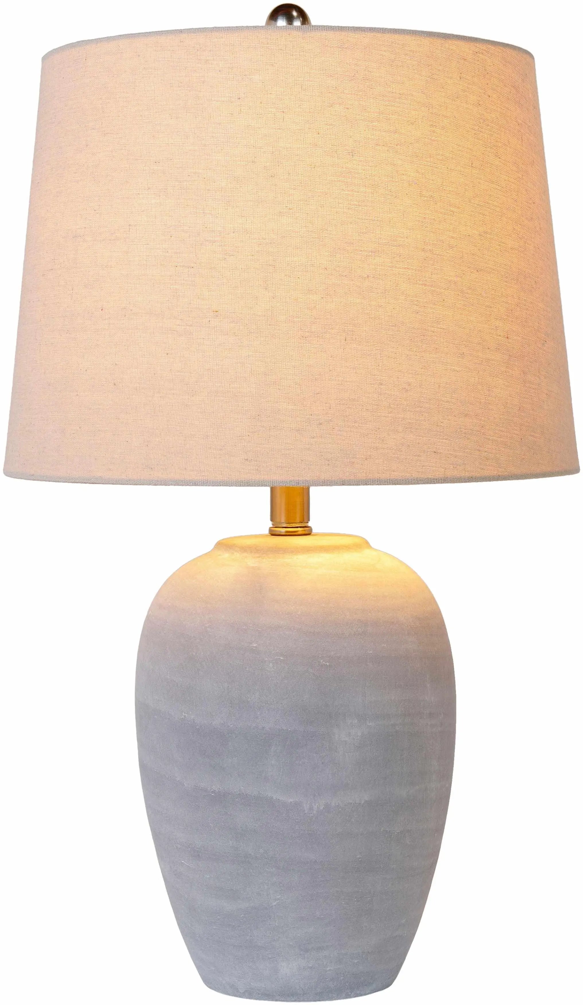 Gray ombre ceramic table lamp with beige linen shade, cozy farmhouse decor lighting