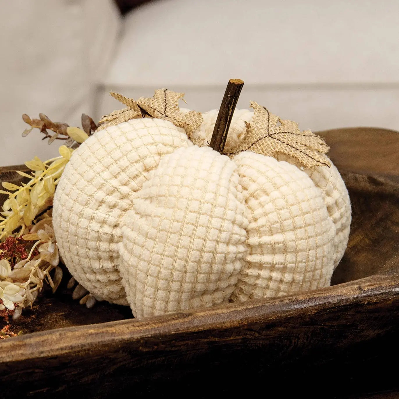 Ivory Waffle Weave Pumpkin with Burlap Leaves | 7"
