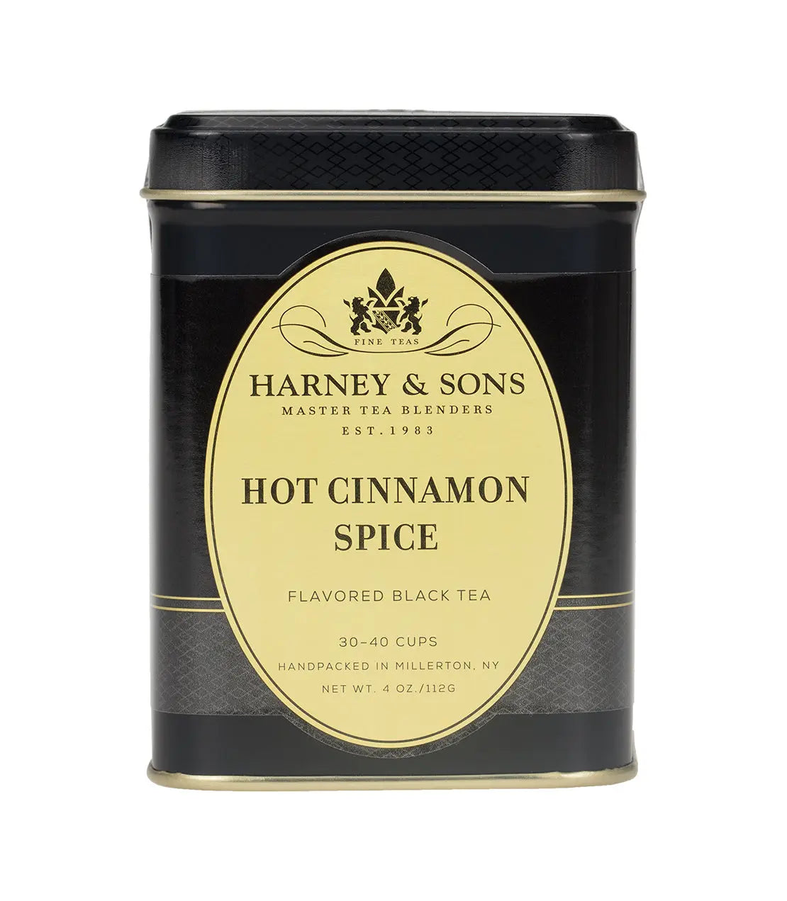 Harney & Sons Hot Cinnamon Spice flavored black tea in elegant black tin, cozy home decor gift