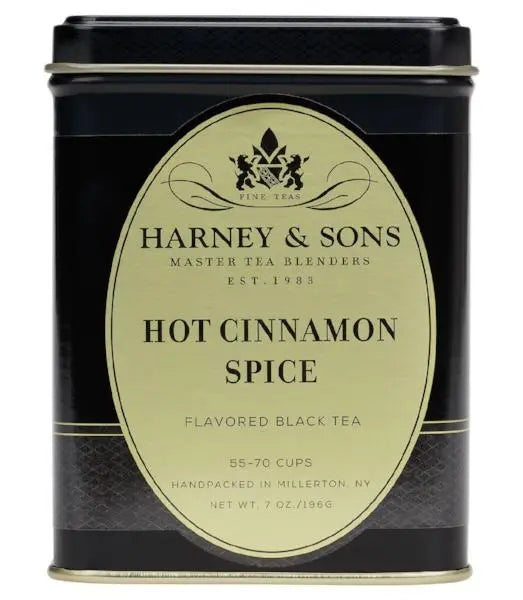 Hot Cinnamon Spice flavored black tea in elegant black tin, cozy farmhouse decor gift