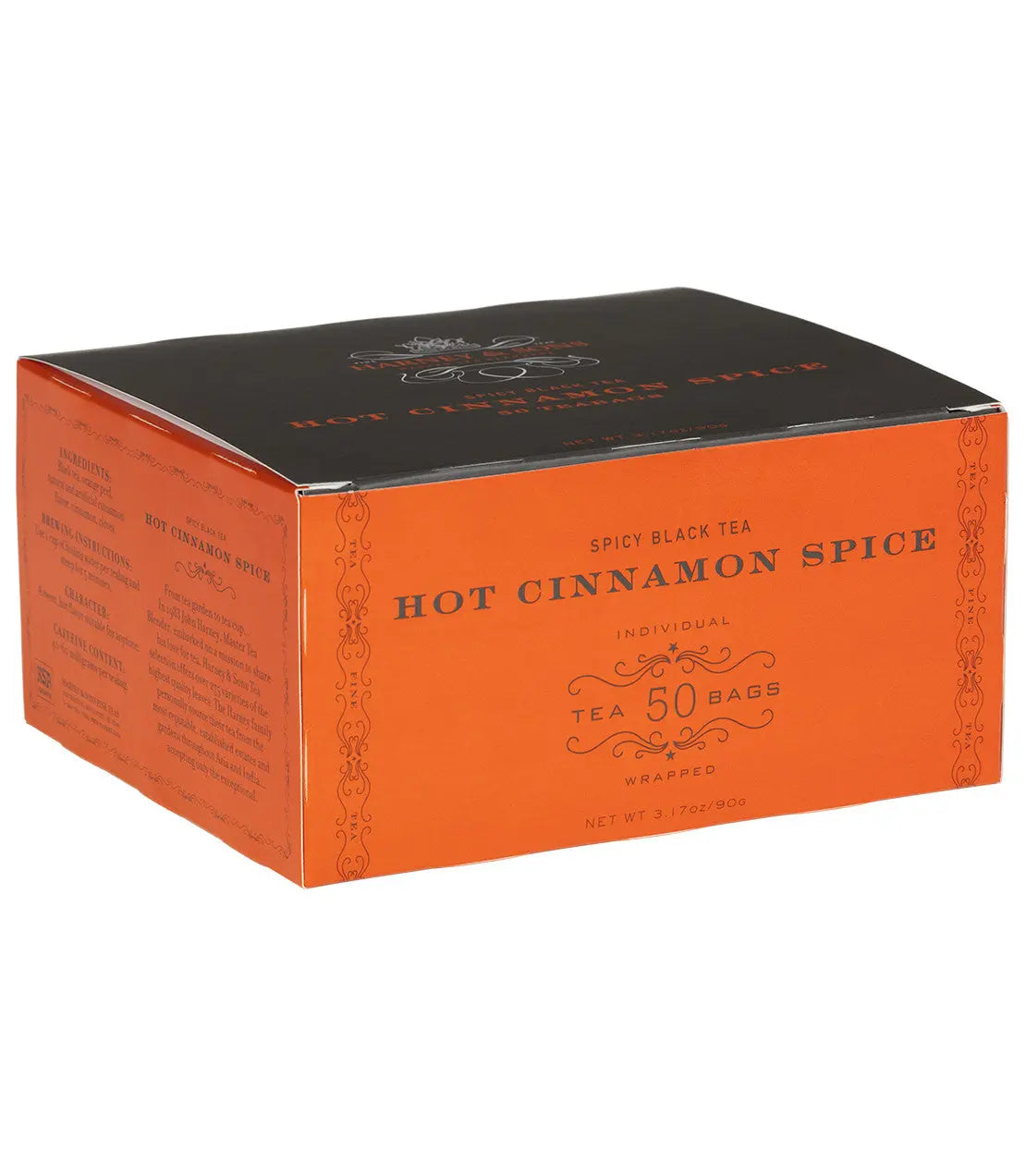 Hot Cinnamon Spice spicy black tea, 50 individually wrapped tea bags in orange and black box packaging