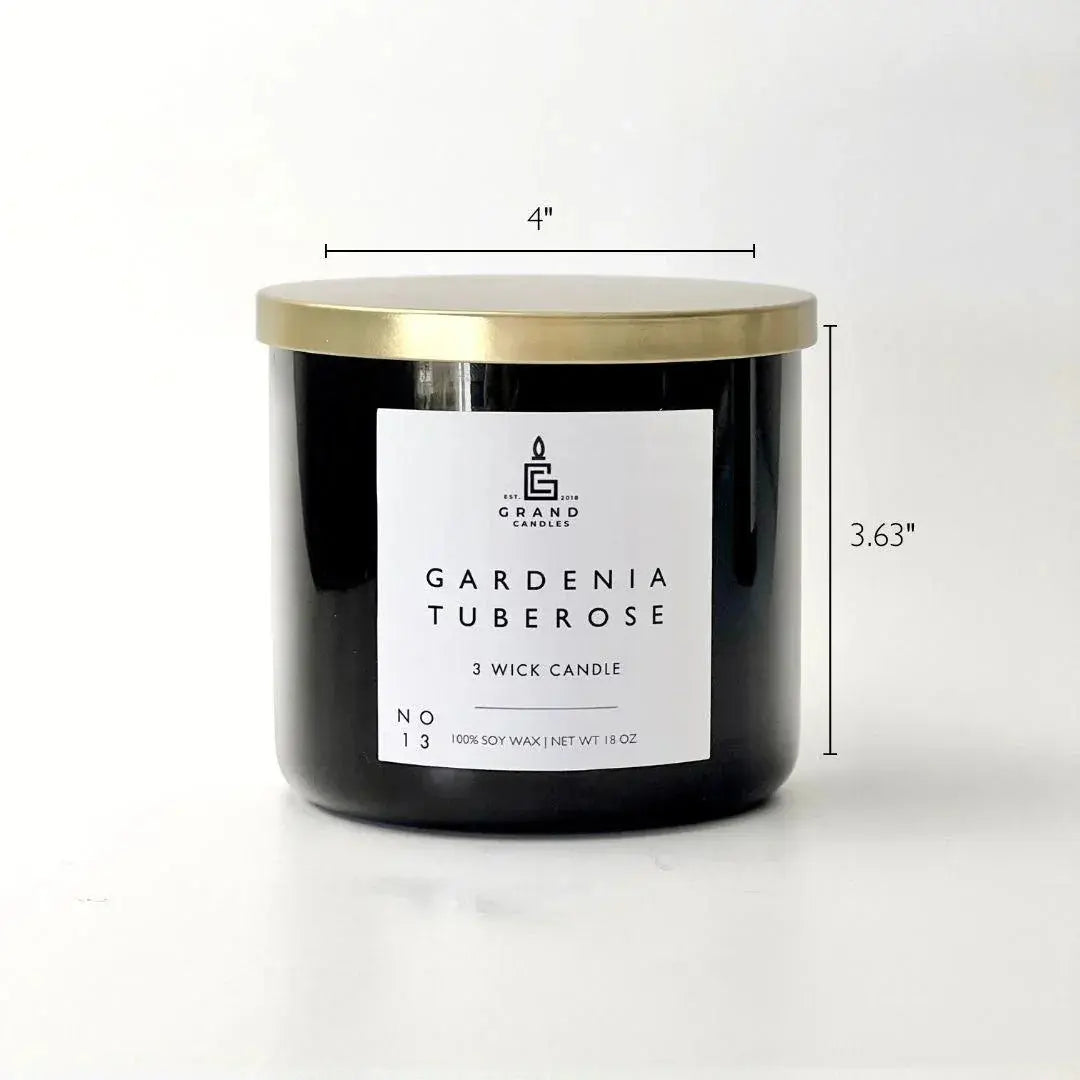Gardenia Tuberose 3-wick soy candle in black jar with gold lid, cozy home decor essential