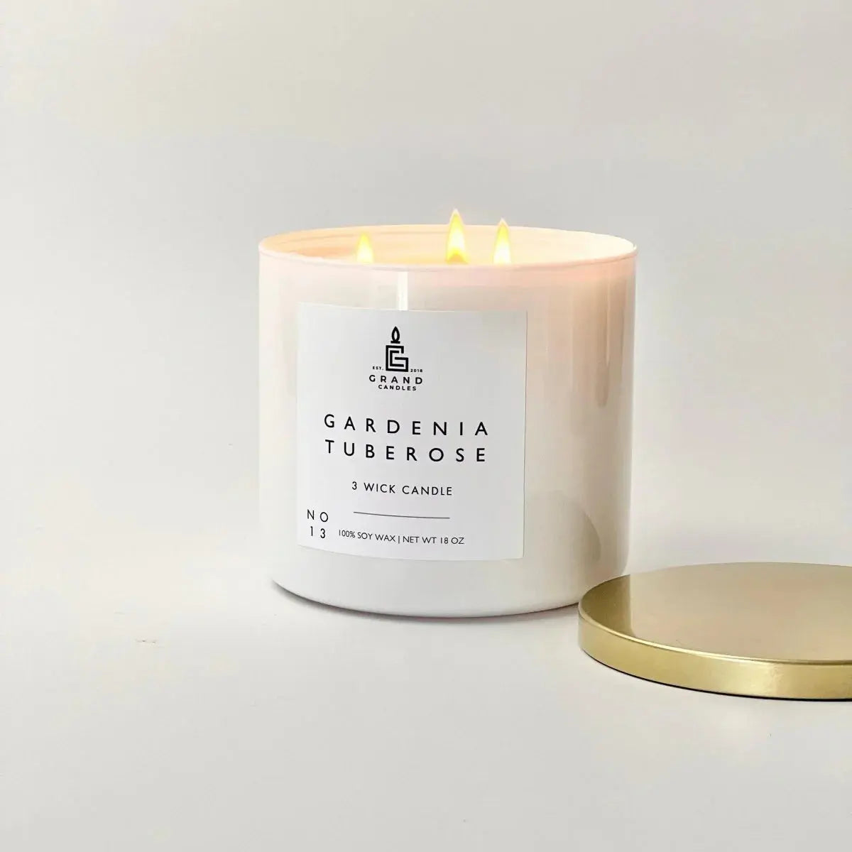 Gardenia Tuberose 3-wick soy candle in white jar with gold lid, cozy home decor