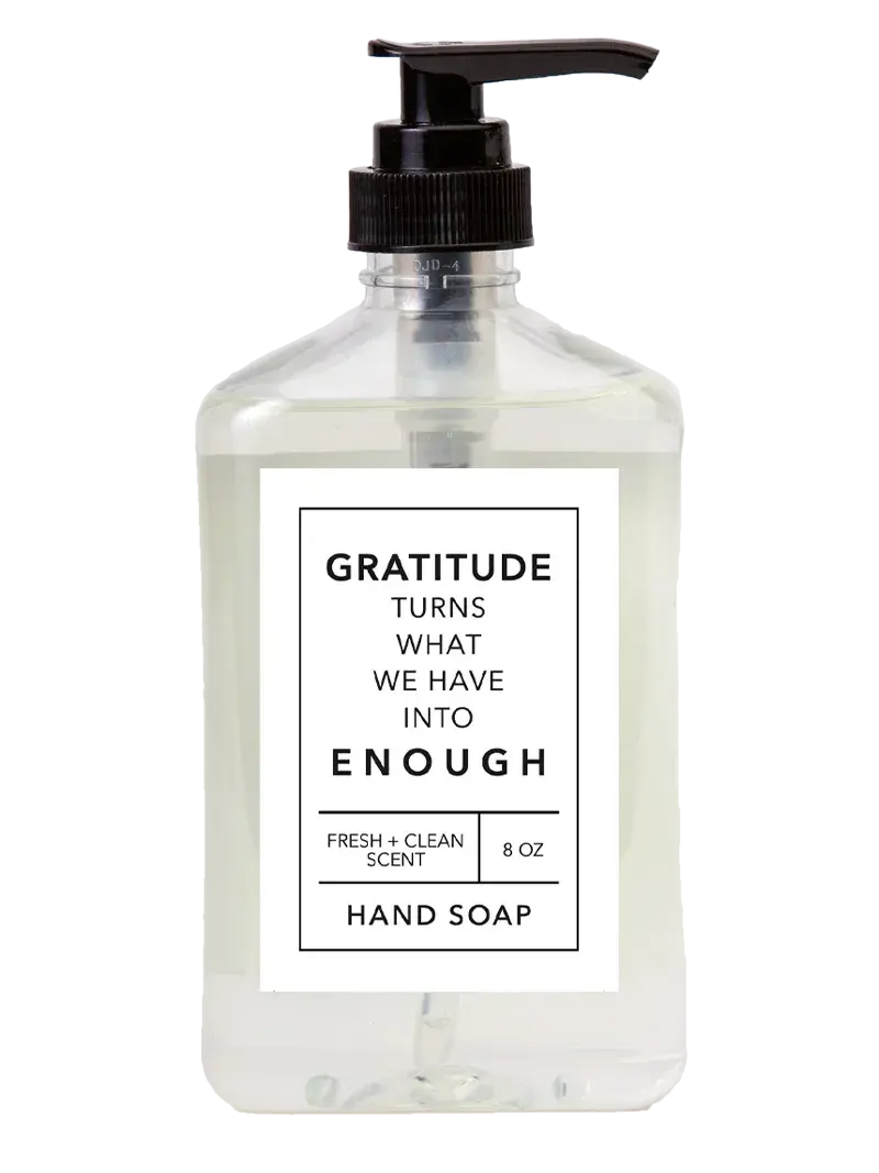Gratitude-themed hand soap with fresh clean scent, 8 oz, farmhouse bathroom decor