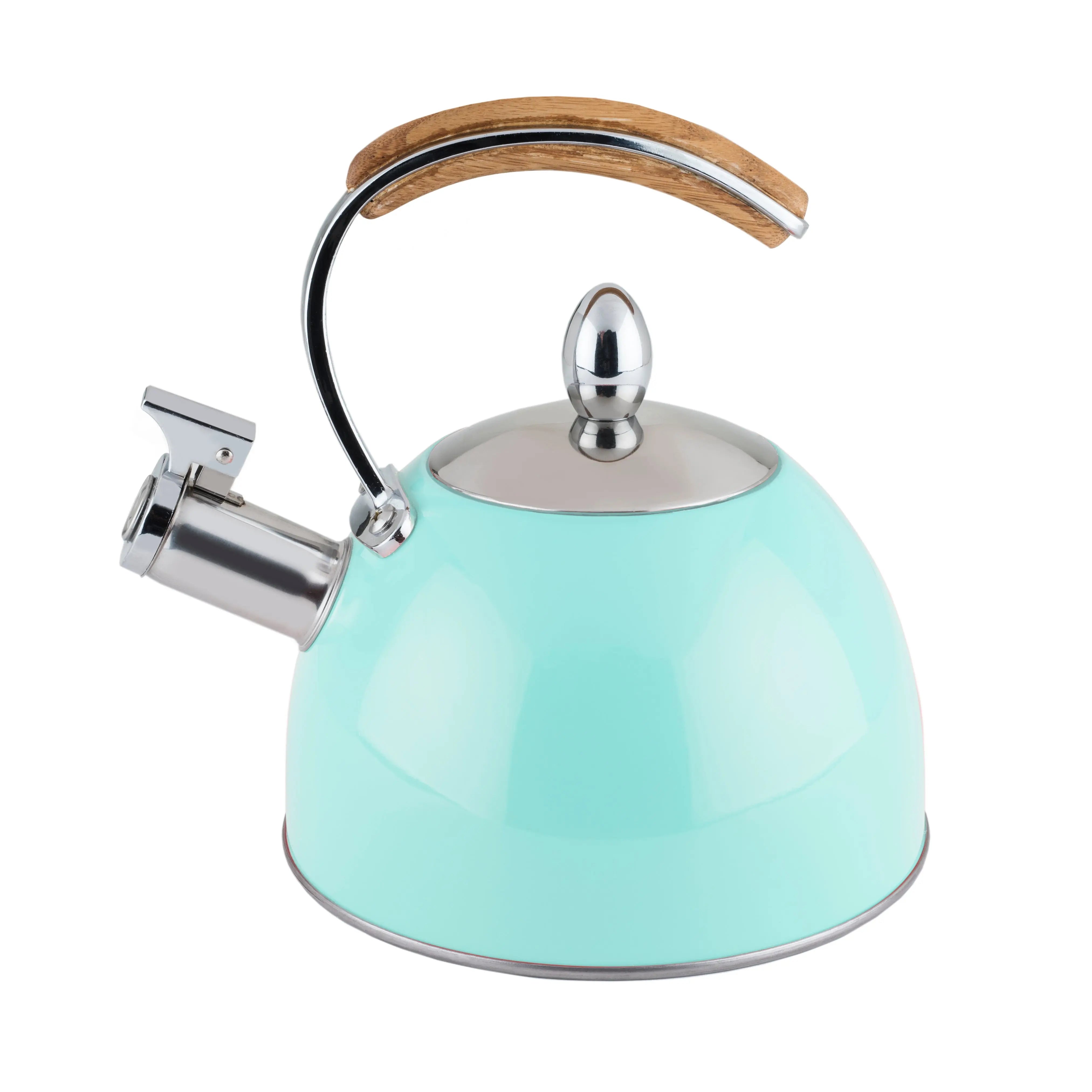 Turquoise kettle with a wooden handle on a white background