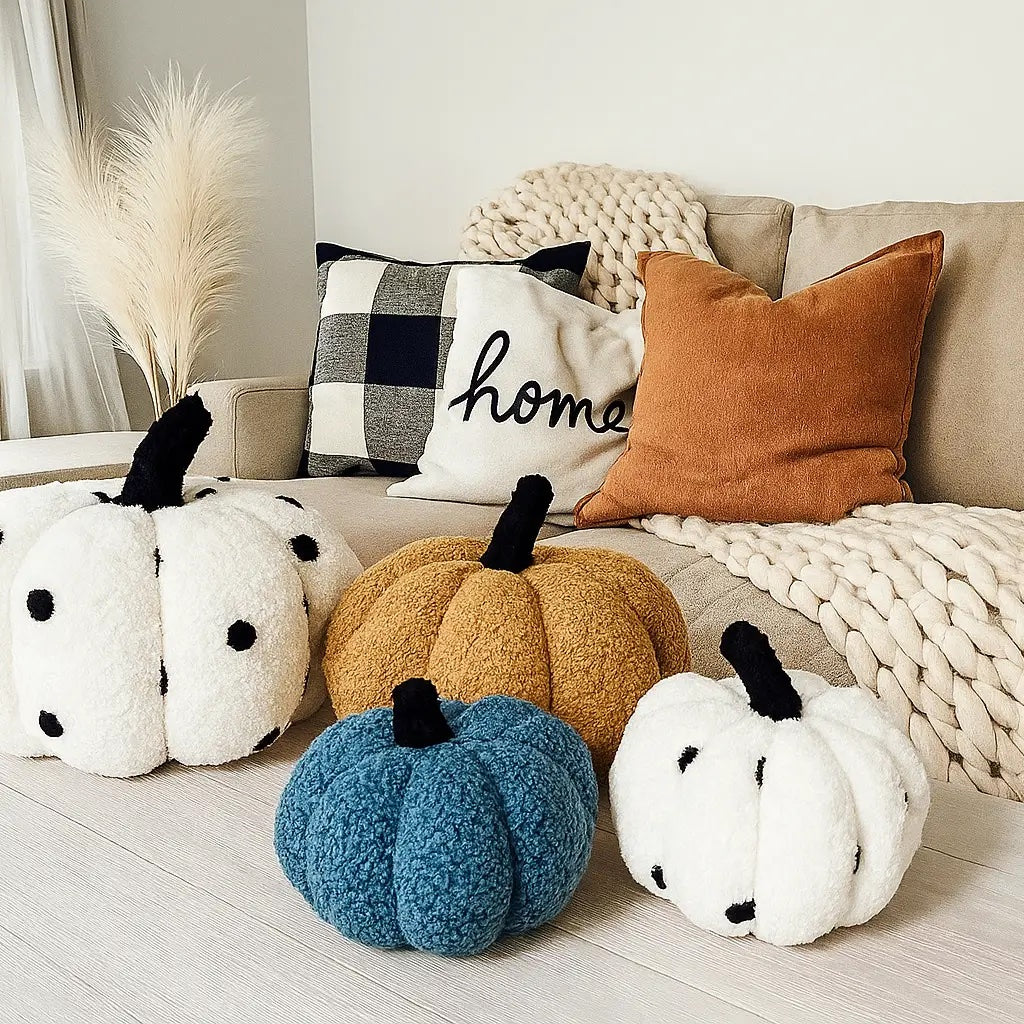 Decorative pillows and pumpkins on a sofa with a cozy interior setting.
