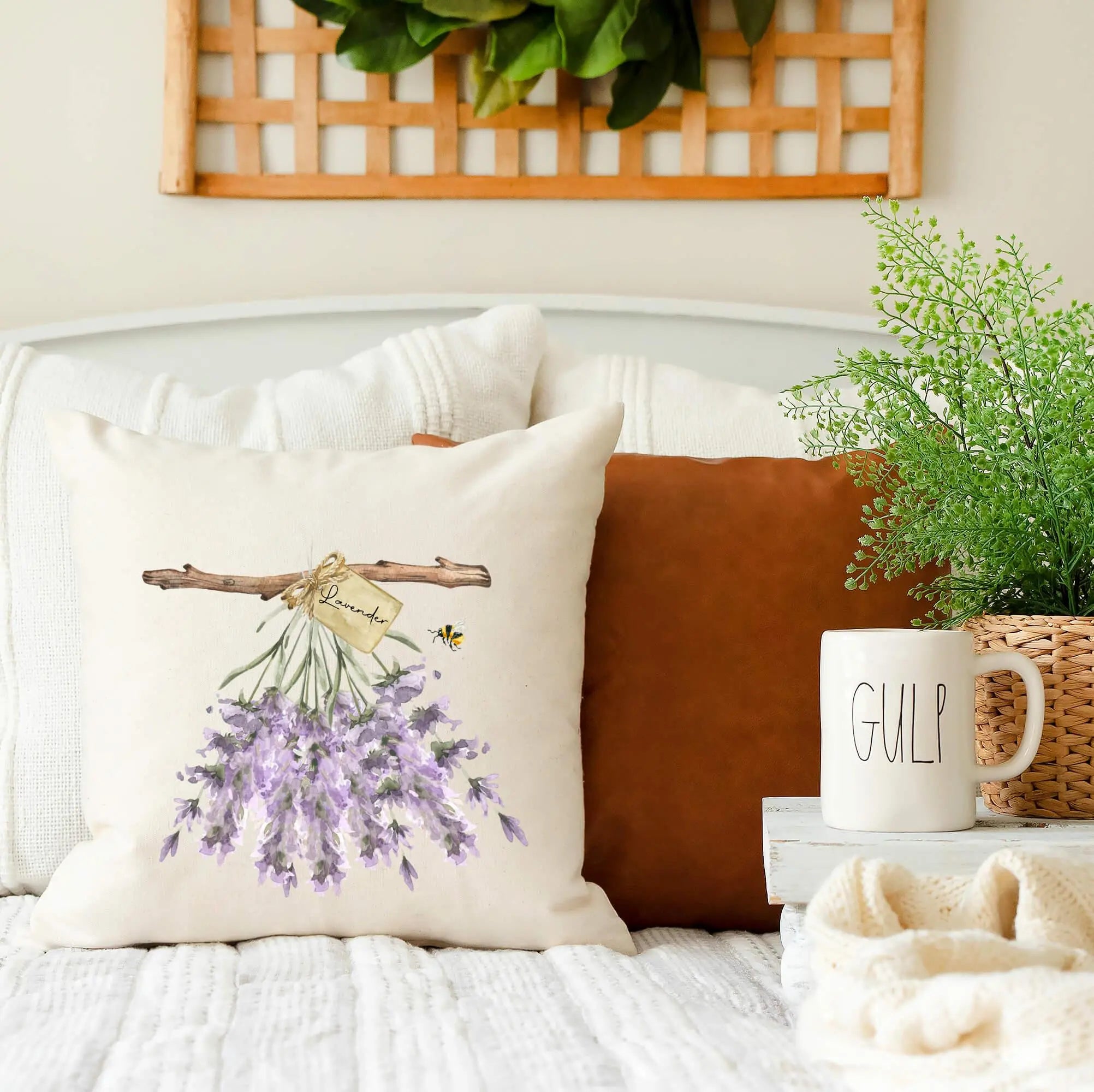 Lavender throw pillow with bee design, cozy farmhouse decor for living room or bedroom