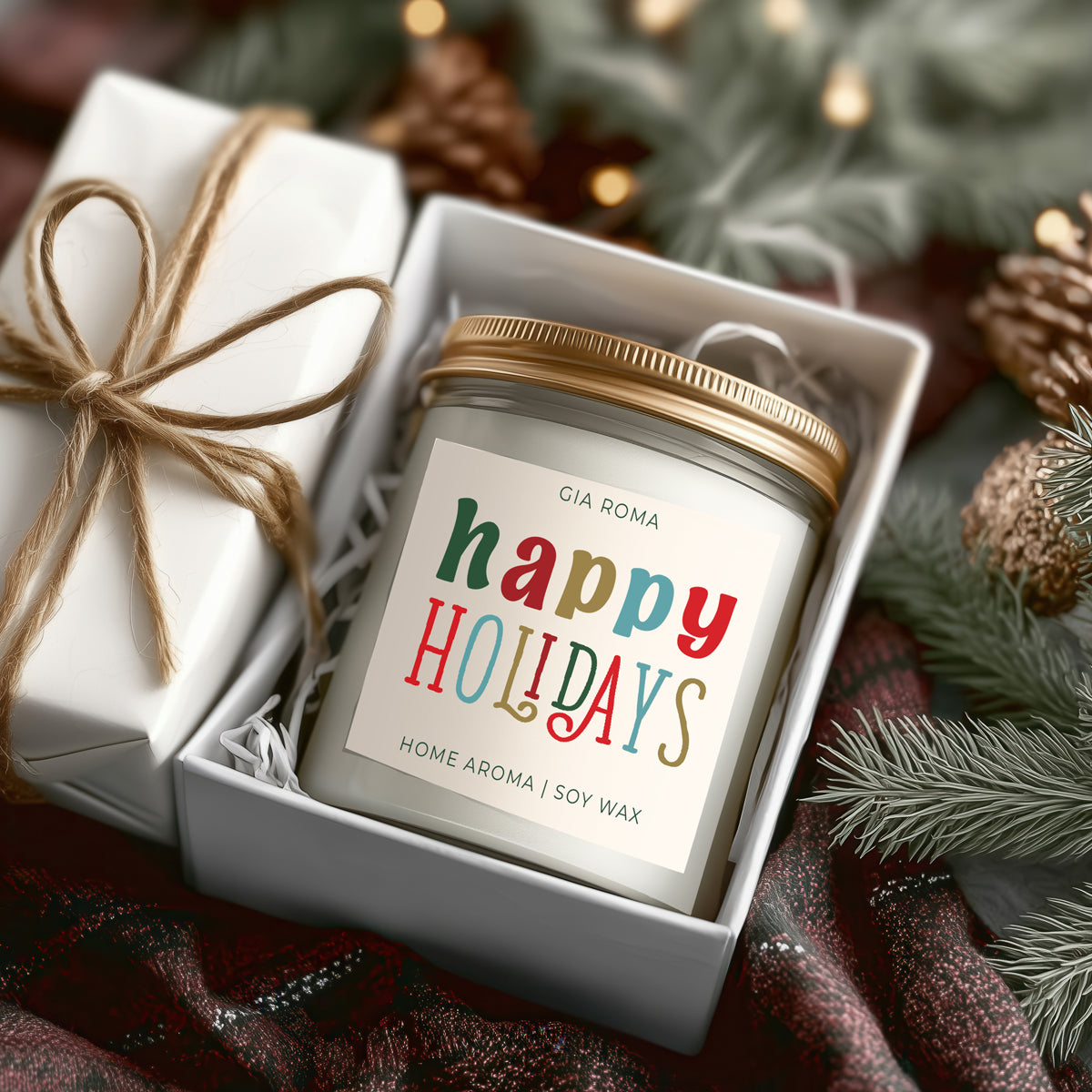 Candle in a white box with a 'Happy Holidays' label, surrounded by Christmas decorations.