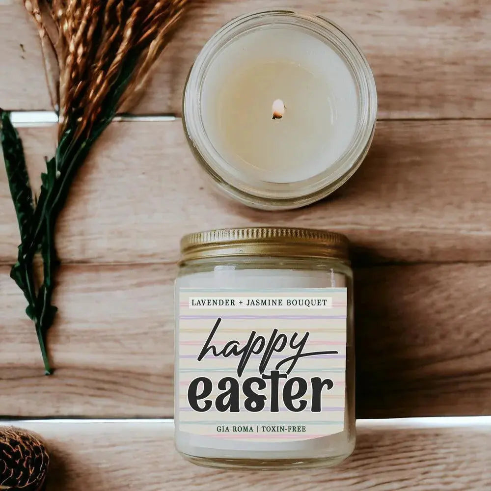 Candle jar with 'Happy Easter' label on a wooden surface