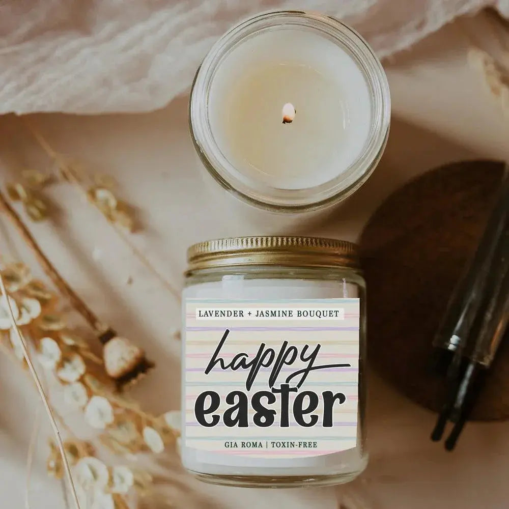 Candle jar labeled 'Happy Easter' with decorative elements on a soft background