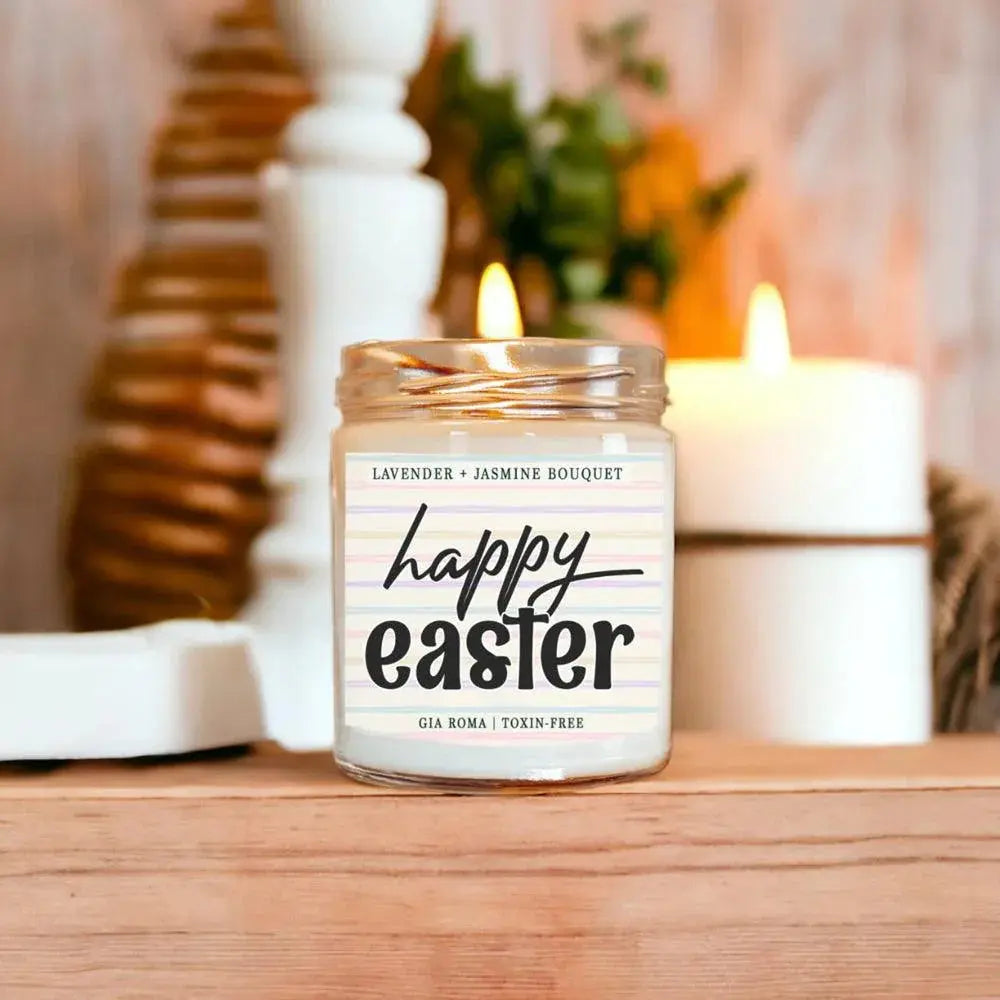 Candle labeled 'Happy Easter' with a blurred background of candles and decor.