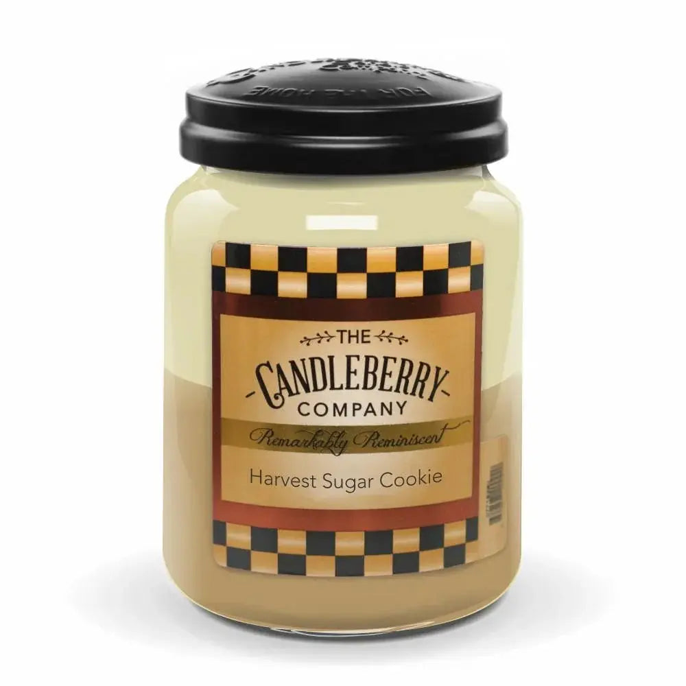 Harvest Sugar Cookie scented candle in glass jar with black lid, farmhouse decor style