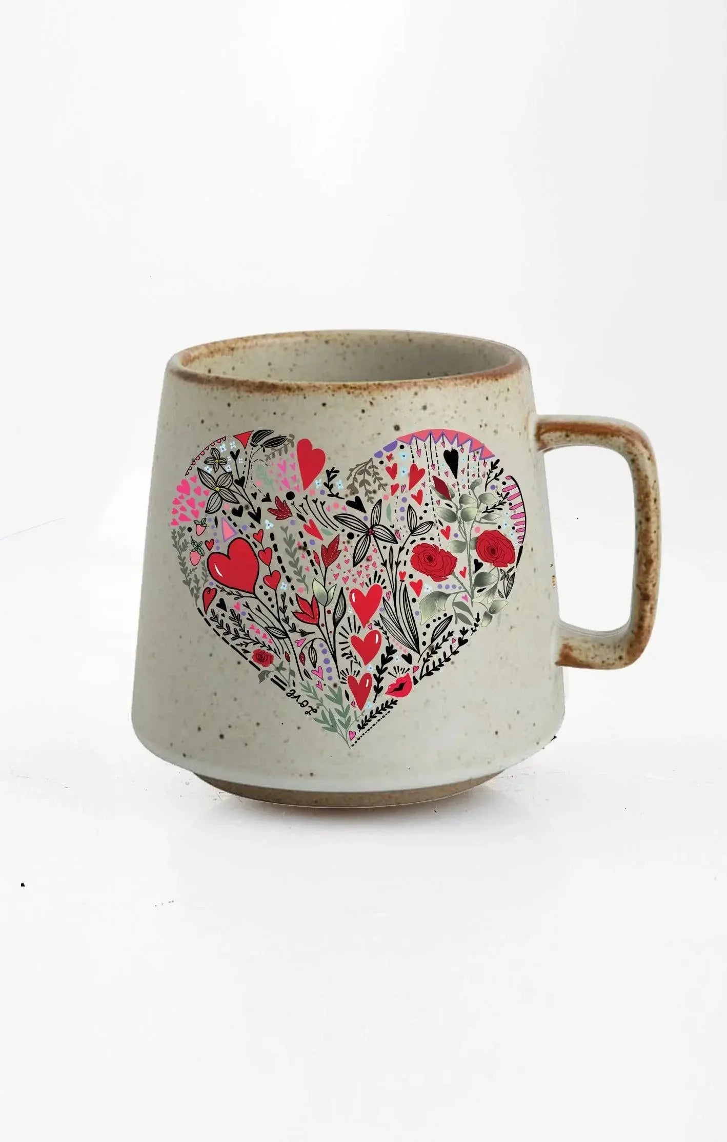 Ceramic mug with floral heart design, cozy farmhouse decor for coffee or tea
