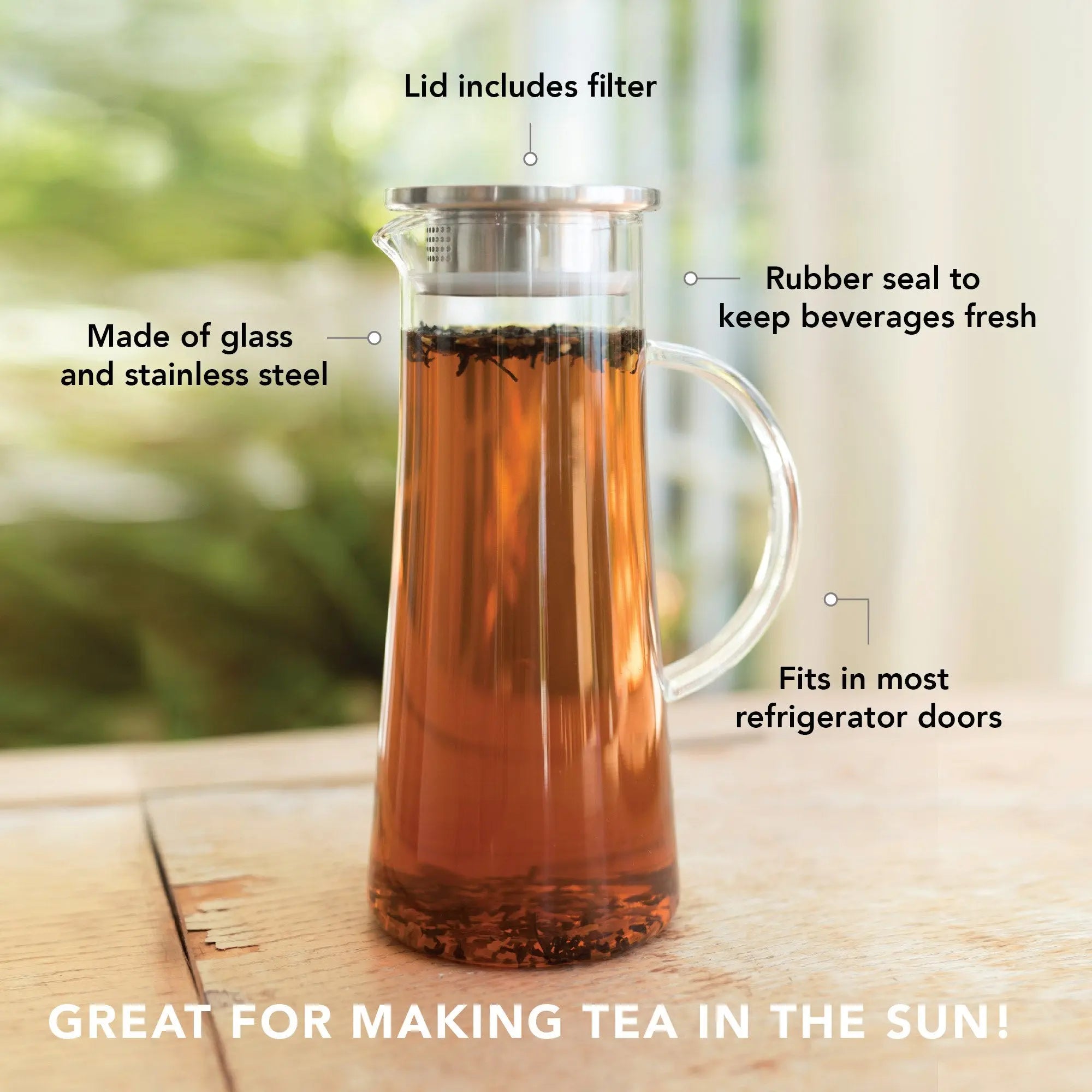 Glass pitcher with tea and features labeled on a wooden surface.
