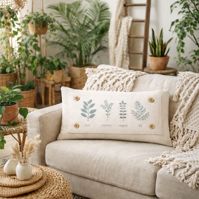 A rectangular cream throw pillow with embroidered botanical designs and small wooden buttons, resting on a beige sofa in a cozy, plant-filled living room.