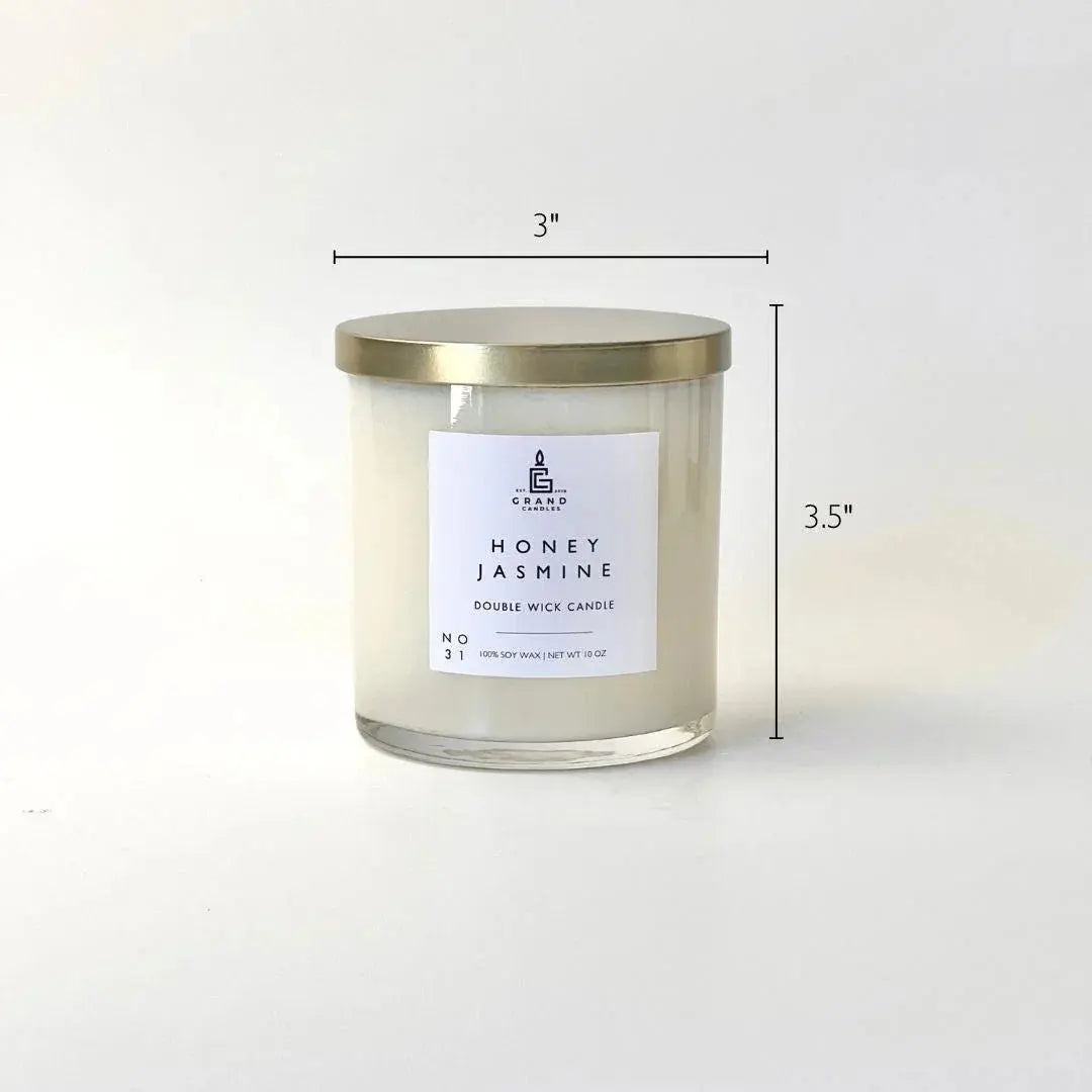 Honey Jasmine double wick soy candle in glass jar with gold lid, cozy home decor