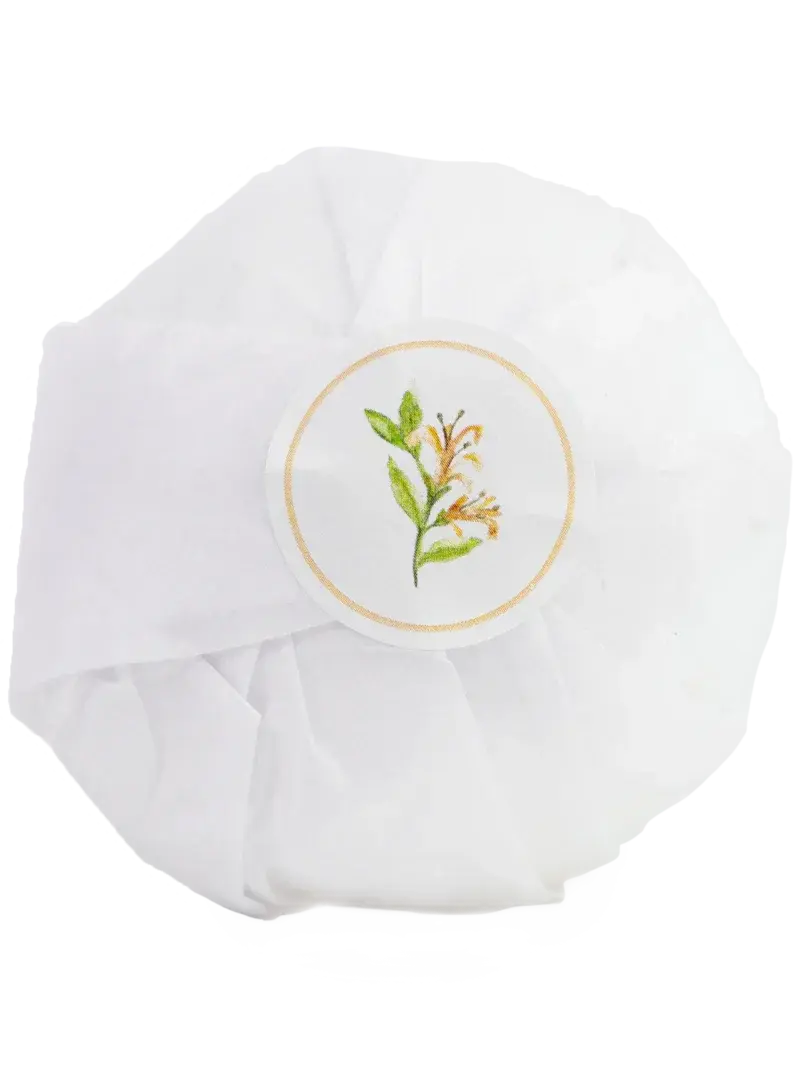 White bath shower cap with embroidered floral design, cozy farmhouse bathroom essential