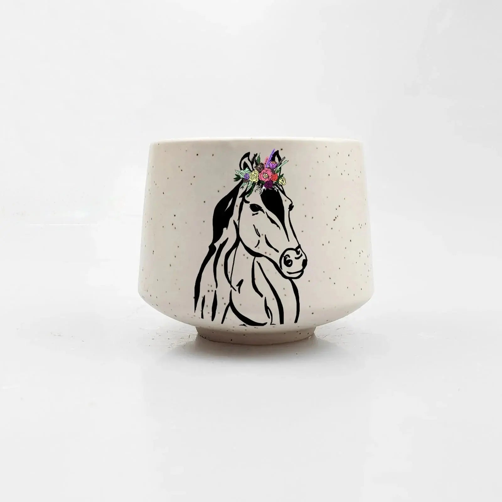 Speckled ceramic mug with horse and floral crown, farmhouse cottage decor