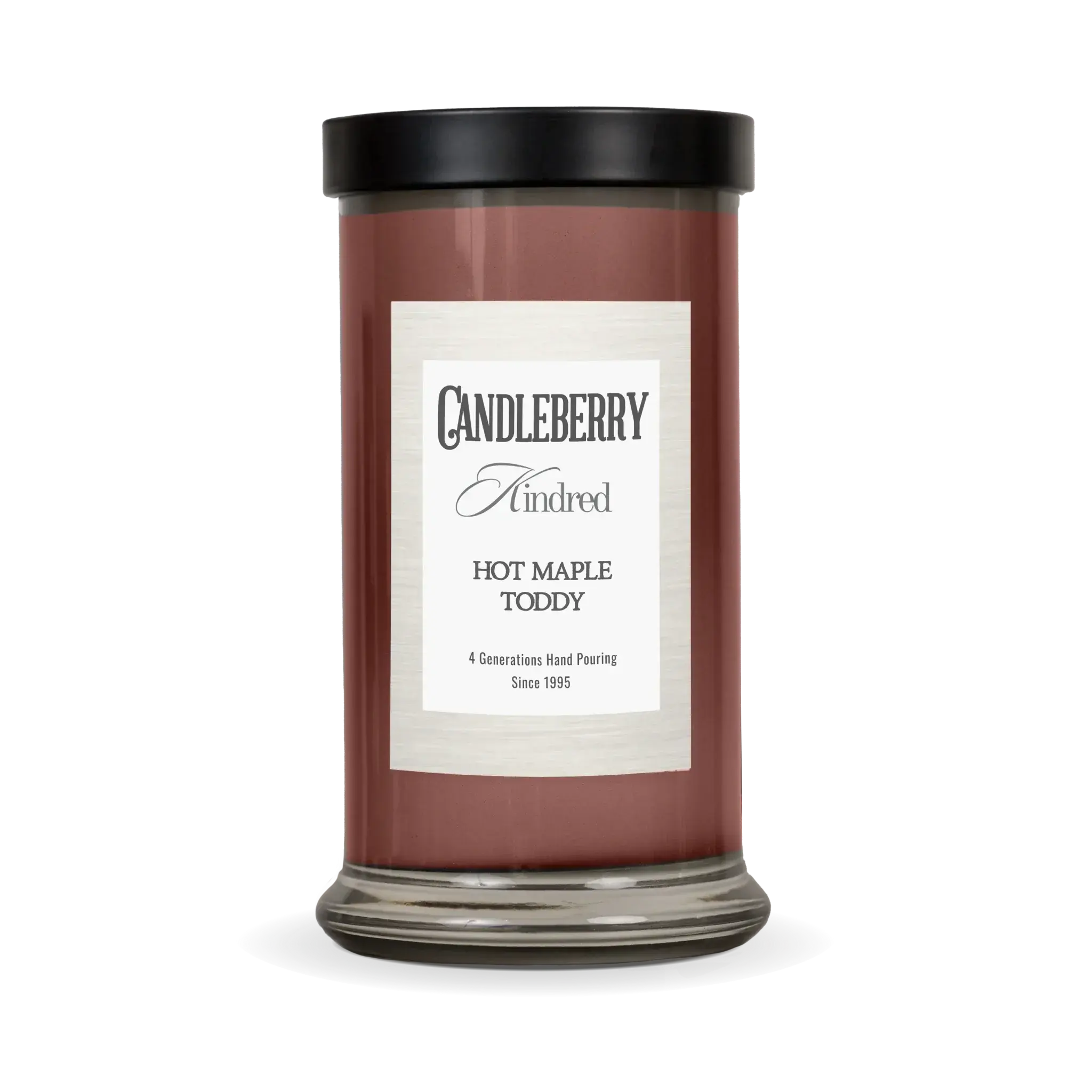 Candleberry Kindred Hot Maple Toddy scented candle in amber glass jar with black lid, cozy home decor