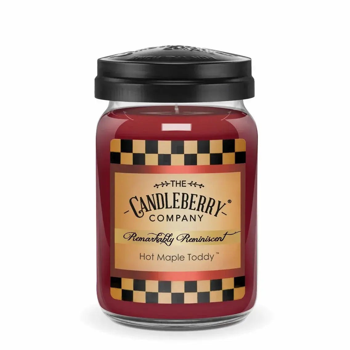 The Candleberry Company Hot Maple Toddy scented candle in glass jar with black lid, cozy farmhouse decor