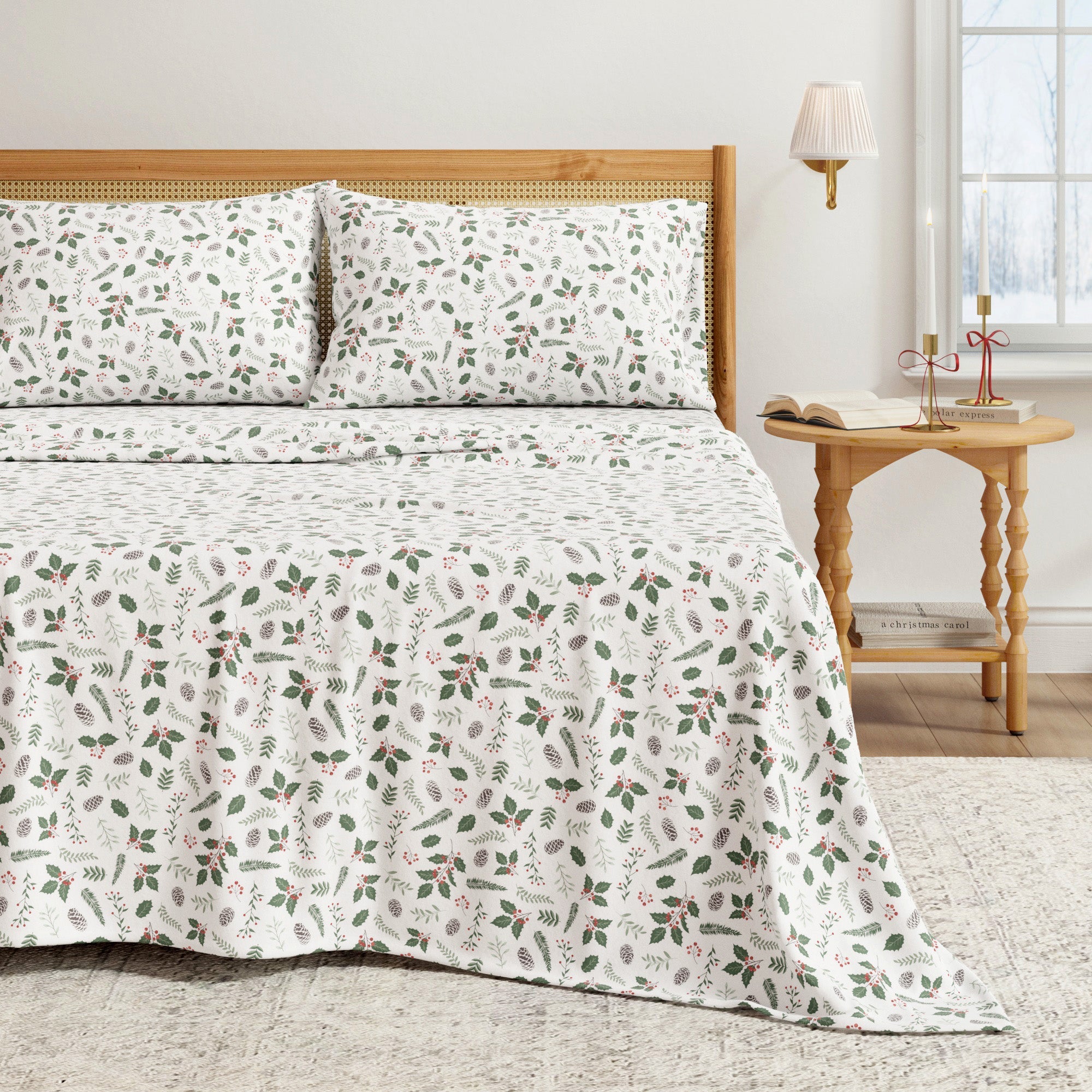 Bed with floral-patterned bedding in a room with a wooden nightstand and lamp.