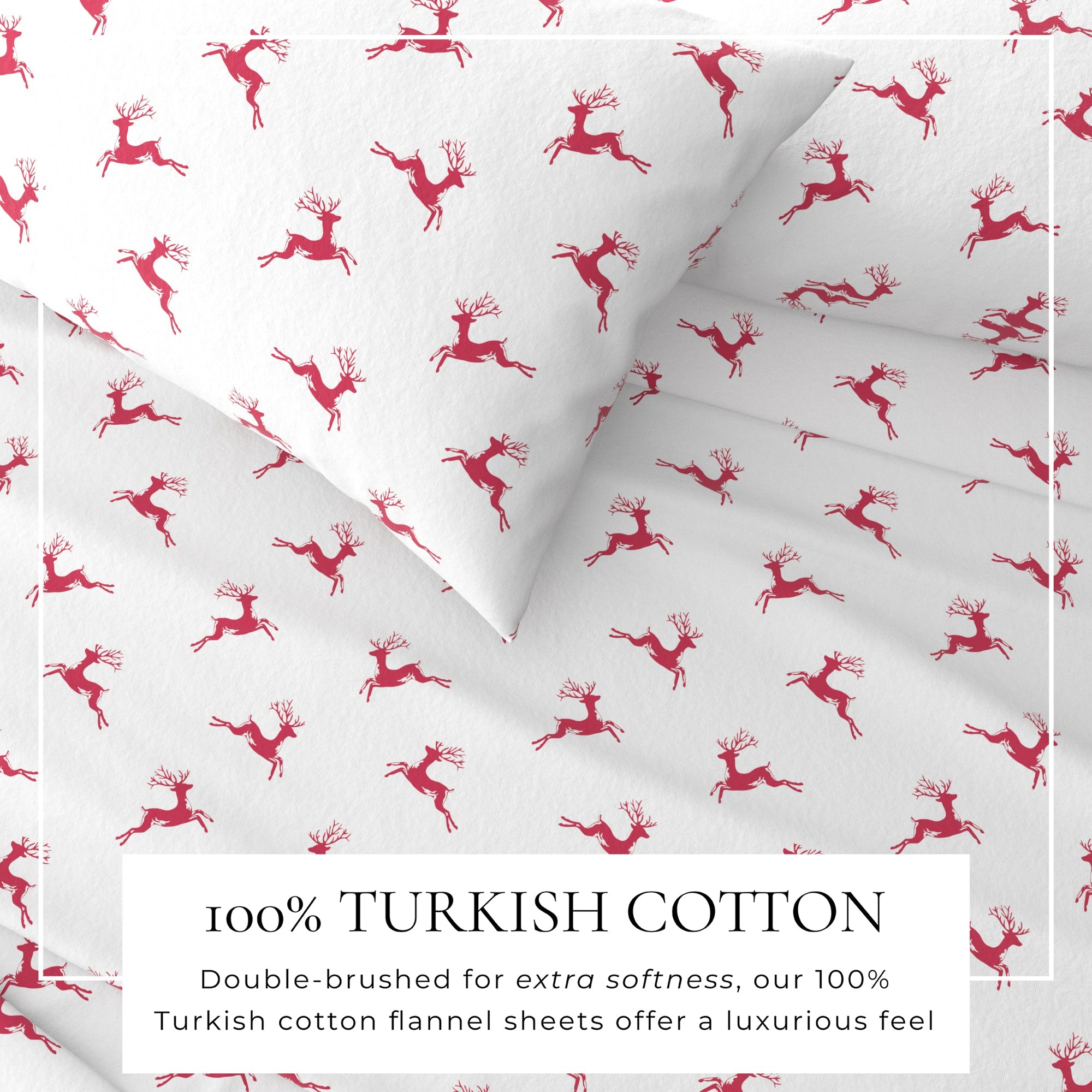 100% Turkish cotton flannel sheets with red deer pattern on white background