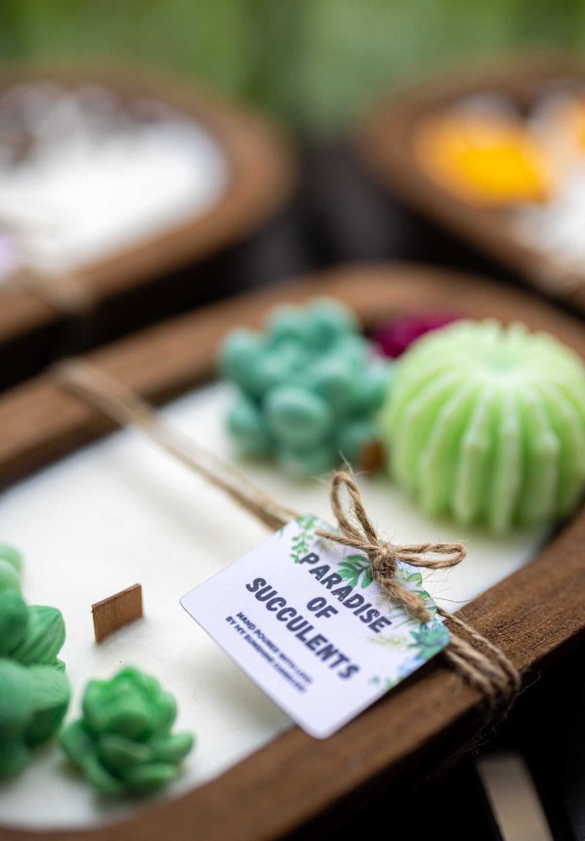 A close-up of a decorative candle in a wooden tray with succulent-shaped wax pieces and a small tag reading 'The Paradise of Succulents.' The photo is softly blurred in the background, with greenery visible, and the main product is the candle tray in the foreground.