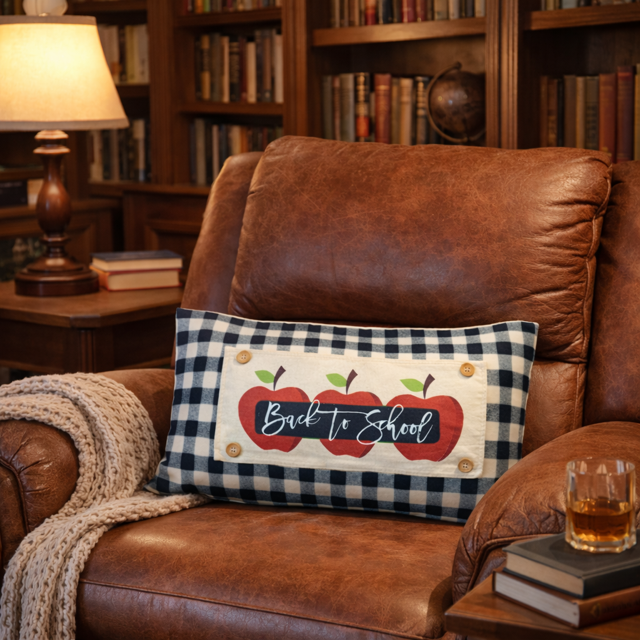 A rectangular decorative throw pillow with a navy and white gingham border and a central cream panel featuring two red apples and the words “Back to School,” resting on a brown leather armchair in a cozy library setting.