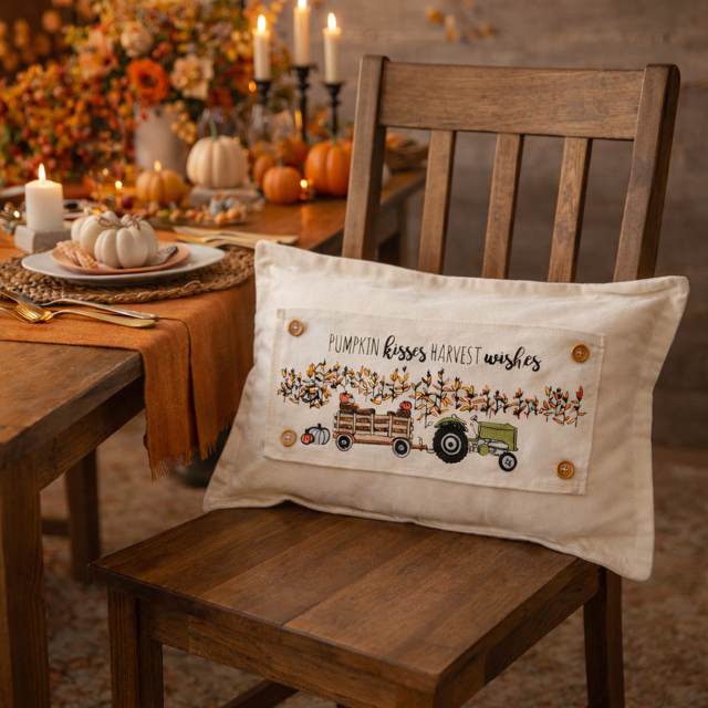 Decorative pillow with pumpkin-themed design on a wooden chair in a fall-themed setting.