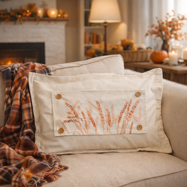 A beige throw pillow with a linen-like texture and a rectangular patch featuring embroidered wheat stalks and three wooden buttons, styled on a sofa in a cozy living room with a plaid blanket and warm background decor.