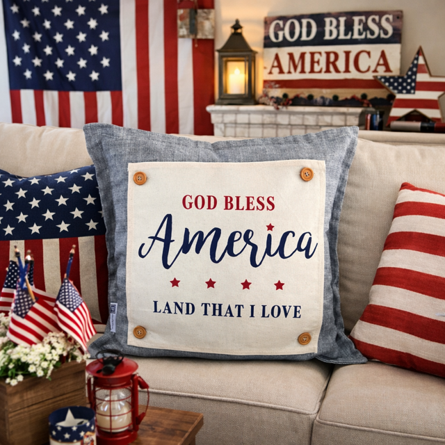 Decorative pillow with 'God Bless America' text on a couch with American flags and lanterns.