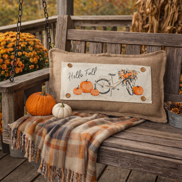 Decorative pillow with 'Hello Fall' text and pumpkins on a wooden bench with plaid blanket