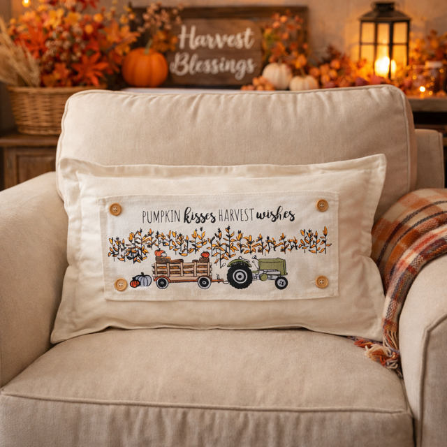 Decorative pillow with 'Pumpkin Kisses Harvest Wishes' text on a beige armchair with fall-themed decor.