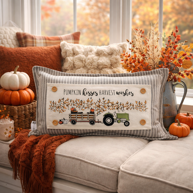 Decorative pillow with autumn-themed design on a couch with pumpkins and foliage.