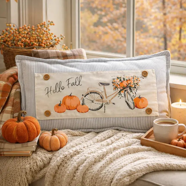 Decorative pillow with 'Hello Fall' text, pumpkins, and a bicycle on a cozy autumn-themed setting.