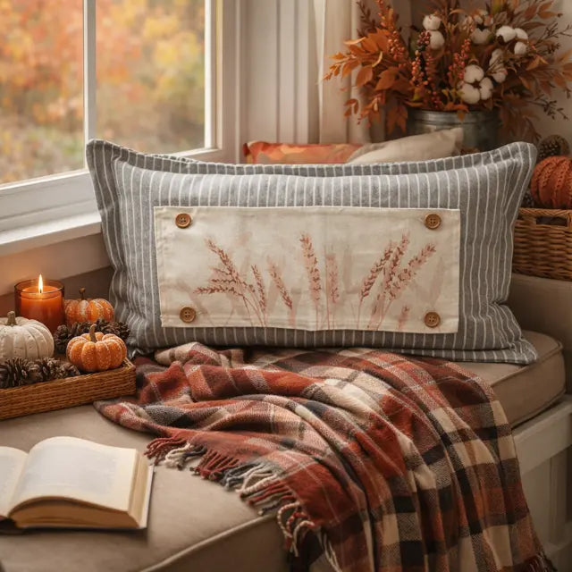 A rectangular throw pillow with a gray and white striped border and a central cream patch featuring a brown wheat design, styled on a window seat with a plaid blanket, pumpkins, candles, and autumn decor.