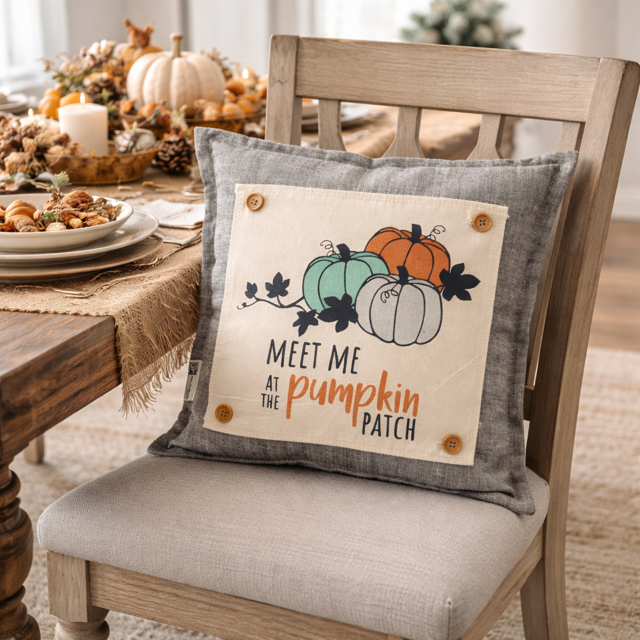 Decorative pillow with pumpkin patch design on a chair in a cozy room.