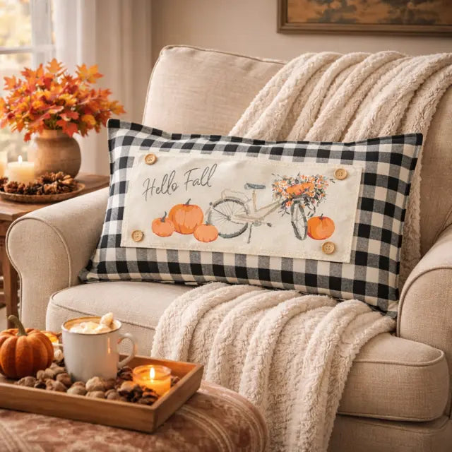 Decorative pillow with 'Hello Fall' text on a cozy living room couch with pumpkins and candles.